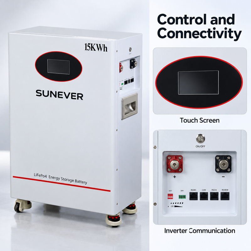SUNEVER TD-15 51.2V 300Ah LiFePO4 Güneş Enerjisi Depolama Bataryası 15.36kWh 200A CAN RS485 Yere Monte